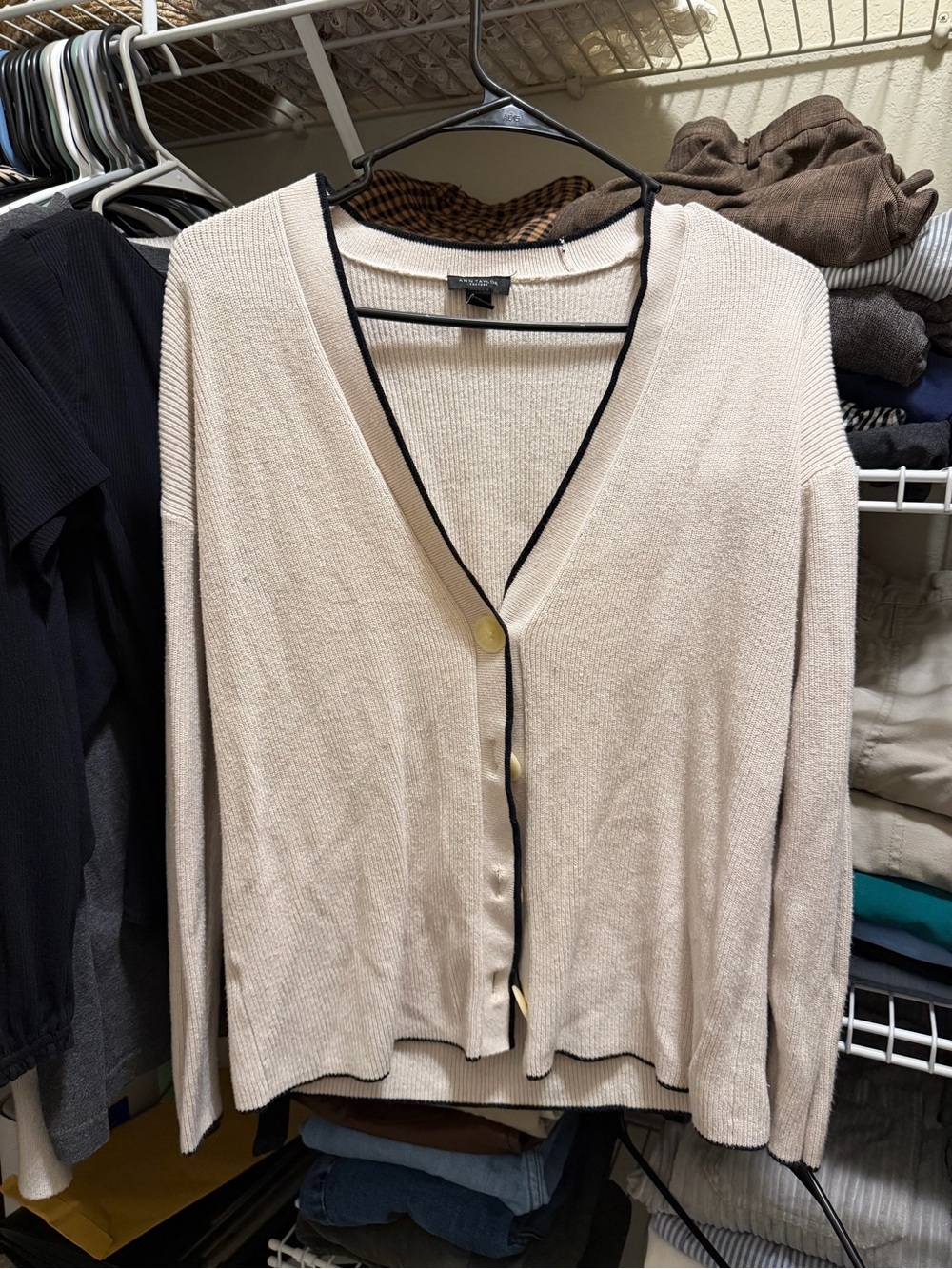 Ann Taylor Cream V-Neck Cardigan with Black Trim
